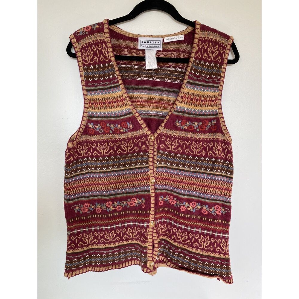 Vintage 90s Jantzen Classics Fair Isle Embroidered Knit Sweater Vest Small*